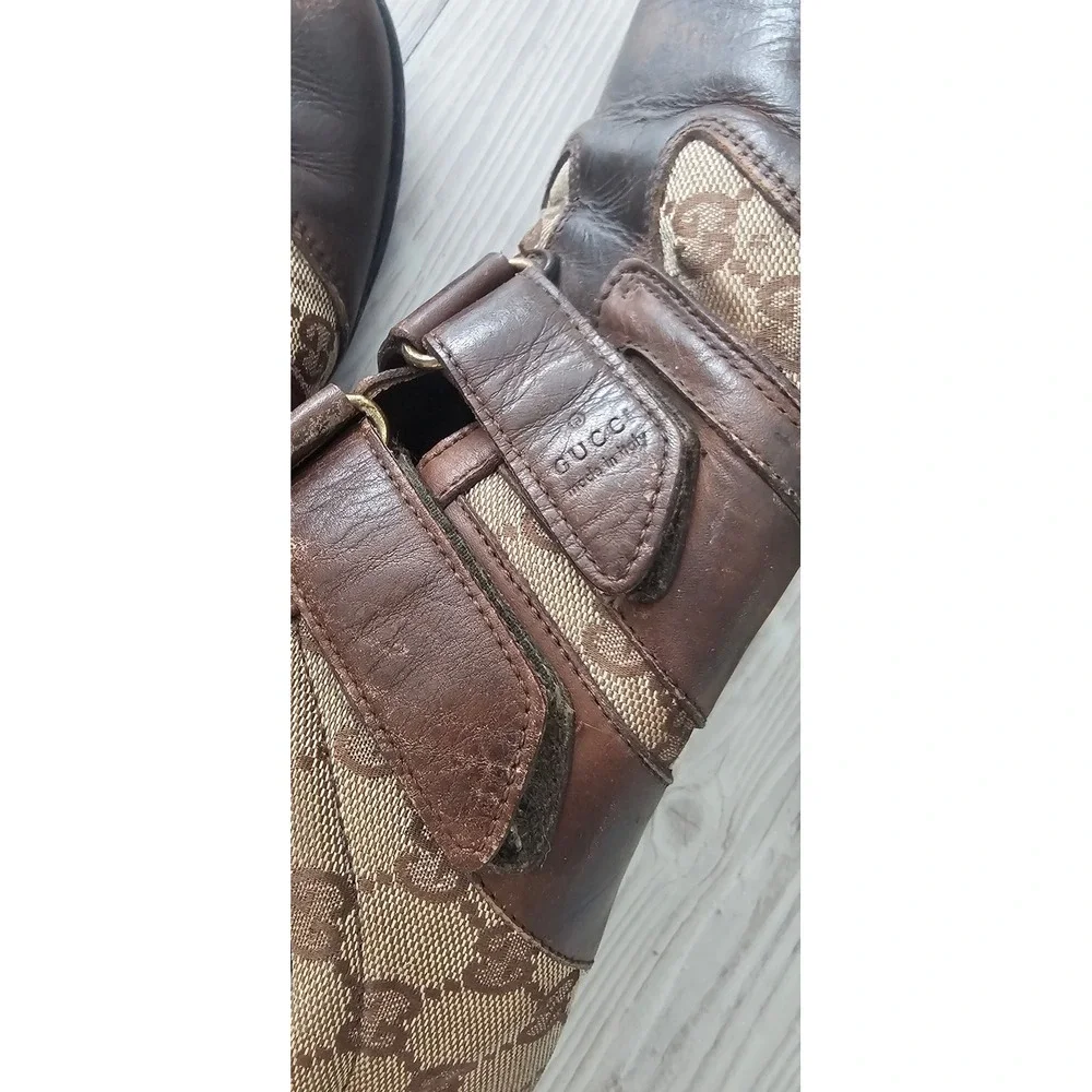 Gucci s GG Monogram Canvas Leather Double Strap Sneakers Brown Men 38.5 094130